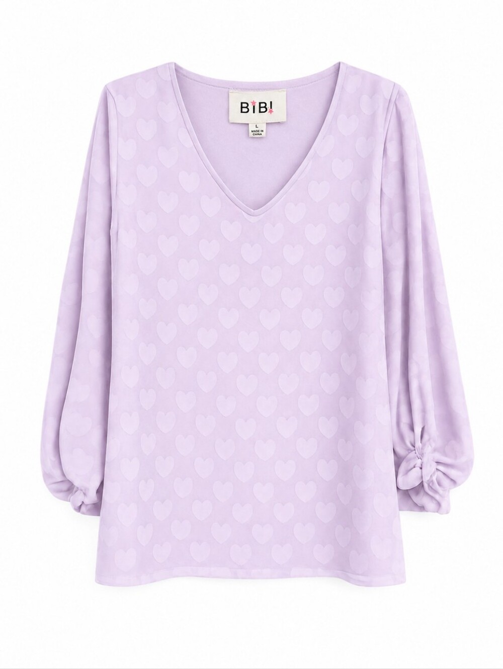 BiBi Lavender Heart Textured Sheer Blouse Size L Balloon Sleeve Romantic Top